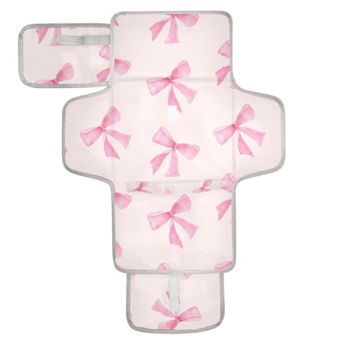 WELLDAY Pink Bow Portable Diaper Changing Pad - Waterproof Foldable Baby Diaper Changing Pad with Built-in Pillow, Travel Diaper Changing Mat for Newborn Baby