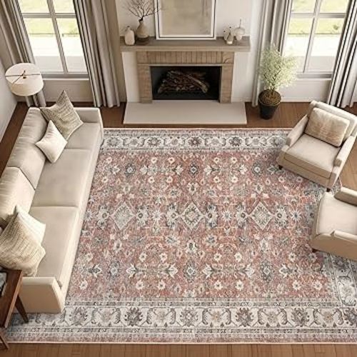 jinchan Area Rug 8x10 Brick Red Vintage Traditional Area Rug Kitchen Floor Cover Foldable Thin Rug Distressed Floral Print Indoor Mat for Bedroom Living Room Dining Room