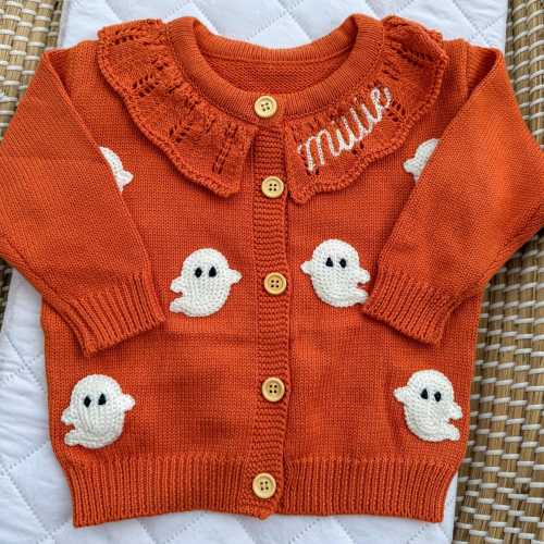 Girls Halloween Cardigan With Name - Custom Collar Embroidered Ghost Sweater - Girls Halloween Ohtfit With Name - Gift With Name Baby Girl