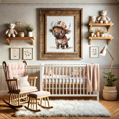 Cute buffalo with football helmet, Baby buffalo football nursery decor, Farm animal nursery, Baby shower gift, Kids room decor
