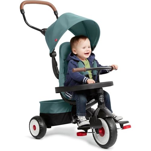 Radio Flyer City 4-in-1 Stroll 'N Trike, Teal, for Riders 1-5 Years Old, 4 Riding Modes, 3 Point Harness with Comfort Pad, Parent Controlled Steering, Rear Storage, Stroller Tricycle for Toddlers