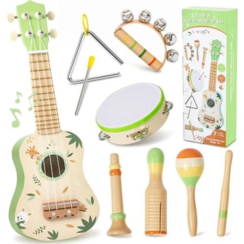 Toddler Guitar Set, 7-in-1 Wooden Baby Musical Instruments Band Includes 17" Ukulele, Maracas, Drum, Trumpet & More - Perfect Toy for Kids Ages 1-5, Ideal Gift for First Birthday Christmas