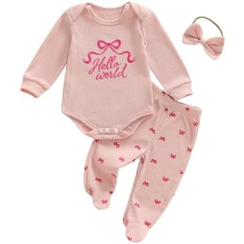 BULINGNA Newborn Baby Girl Outfits Long Sleeve Hello World Embroidery Knitted Romper Footed Pants Waffle Spring Clothes 3Pcs