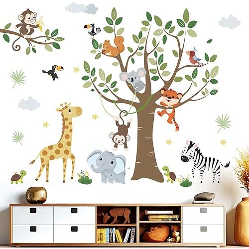 Animals Wall Decals for Nursery Baby: Safari Jungle Animal Peel and Stick Removable Vinyl Wall Stickers Kids Room Decor Boys or Girls