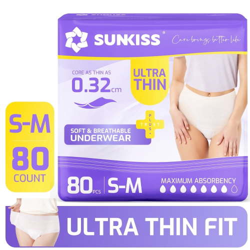 SUNKISS Ultra Thin Incontinence Underwear for Women, Fast-Absorbing & Super Soft Postpartum Diapers, Disposable Adult Pull Ups, Small/Medium, 80 Count