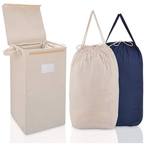 MCleanPin Laundry Hamper with Lid and 2 Removable Liners, Collapsible Dirty Clothes Hamper for laundry with Lid and 2 Handles, Foldable Baby Nursery Hamper Dorm Room Laundry Bags for College, Beige