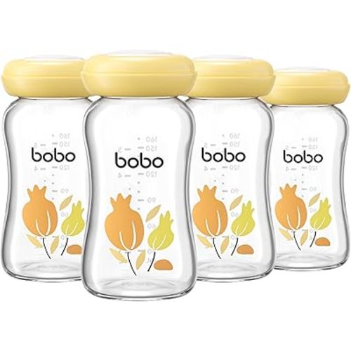 YOHKOH Glass Breast Milk Storage Bottles - 100% Leak-Proof, BPA-Free Breastmilk Storage Containers, Freezer & Dishwasher Safe, Ideal for Nursing Mothers (Yellow, 5.4oz (Pack of 4))