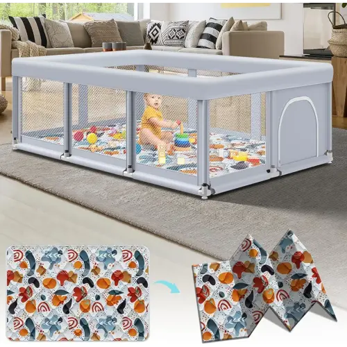 74" ×50" Large Baby Playpen, Baby Playard for Babies and Toddlers, Play Pens for Indoor & Outdoor, Sturdy Safety Play Yard with Soft Breathable Mesh, Anti-Fall, Grey (with MAT)