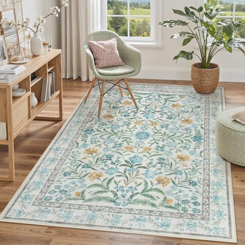 Lahome Sylvie Blue 5x7 Area Rugs for Living Room, Boho Floral Washable Girls Bedroom Rug, Soft Retro Non-Slip Kids Nursery Carpet for Playroom Apartment Decor