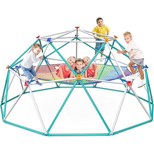 Hapfan Climbing Dome with Climbing Cargo Net, 10 ft Dome Jungle Gym with Hammock for Kids Outdoor Playset Monkey Bars Backyard