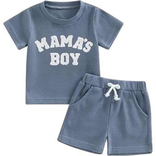 Kupretty Toddler Baby Boy Clothes Embroidered Waffle Shirt Shorts Set