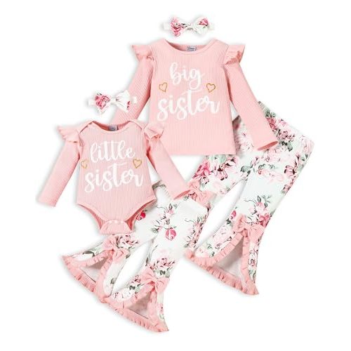 FAMIHAO Big Sister Little Sister Matching Outfits Rib Knit Romper/Shirt Floral Pants Toddler Baby Girl Clothes
