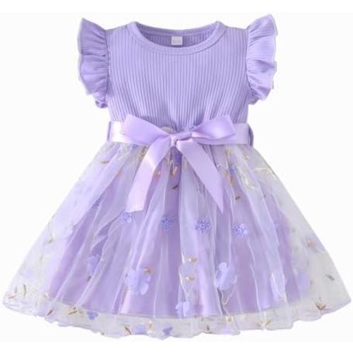 Toddler Baby Girls Tulle Tutu Dress Ruffle Sleeve Fluffy Dresses Cute Summer Sundress for Party Beach Casual