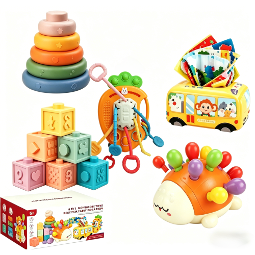 Biiend 5-in-1 Montessori Baby Toy Set, suitable for babies 6 months and up. This early education toy includes stacking rings, colorful building blocks, pull-string toys, a hedgehog, and a bus