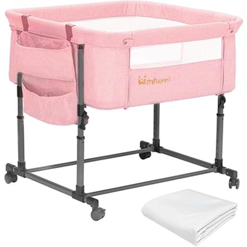 MTWML Twin Bassinet for 2 Babies,Portable Twins Crib with Storage Bag and Replaceable Mattress Cover,Adjustable Height Double Bedside Crib Attaches to Bed with Strap for 0-6 Months (Pink)
