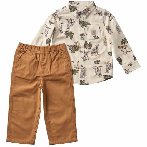 Boys' 2-Piece Long Sleeve Printed Flannel Shirt & Elastic Waistband Canvas Pant Set (Baby)