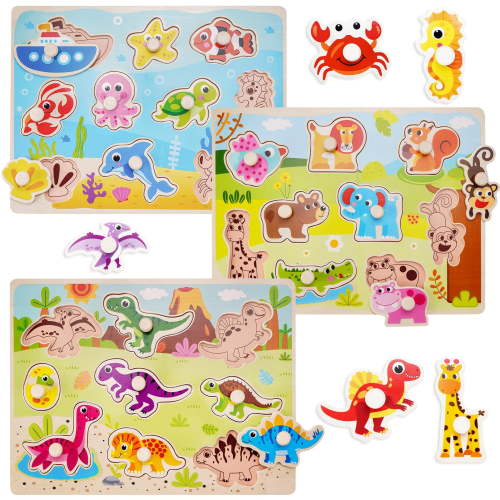 Wooden Peg Puzzles for Toddlers 1-3, Montessori Learning Educational Puzzle Toys, 3 Pcs Toddler Puzzles Set - Dinosaur Animals Ocean Puzzle Board, Ideal Birthday Gifts for Boys Girls Ages 1 2 3 4 5