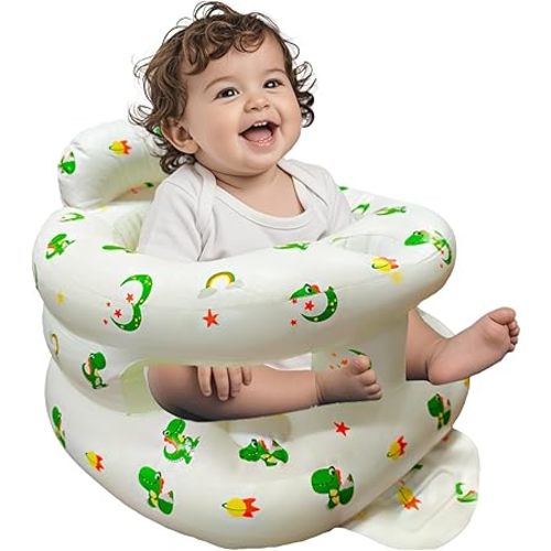 Inflatable Baby Seat for Babies 3-36 Months, Baby Chair with Fence & Built in Air Pump, Blow Up Floor Seat with Back Support, Inflatable Infant Chair Sit Me Up for Home, Travel Green Dinosaur