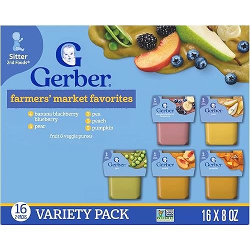 Gerber Stage 2 Baby Food, Farmers’ Market Puree Tubs, No Added Colors or Flavors, Baby Puree, Variety 32-Pack