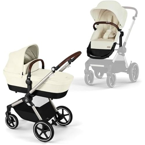 Cybex EOS 2-in-1 Stroller - Bassinet Stroller Converts to Toddler Stroller with One-Hand Recline - Bassinet and Toddler Seat Included, Reversible & Travel System Ready, Seashell Beige