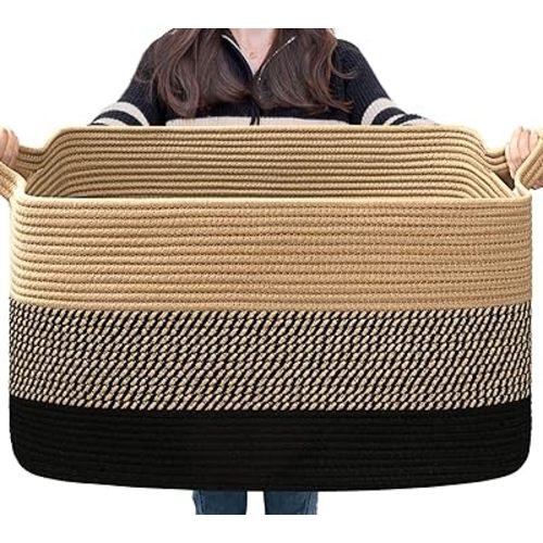 Goodpick Woven Blanket Basket, 21.6" x 14.9" x 11.8" Wicker Laundry Basket for Clothes, Storage Baskets for Organizing, Rectangle Rope Large Baskets for Storage, Black Jute