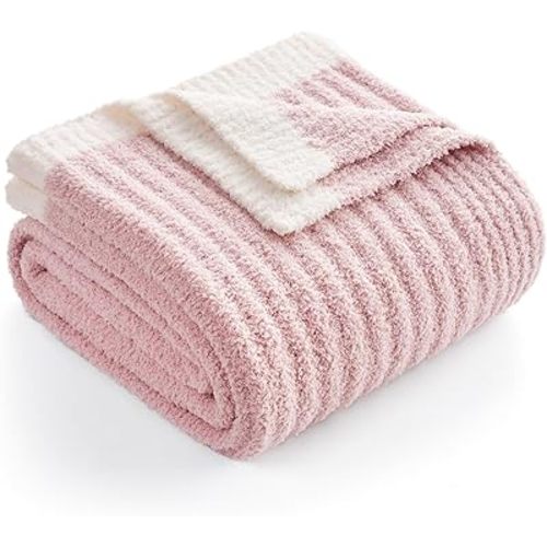 Snuggle Sac Spring Pink Throw Blanket for Couch, Soft Cozy Ribbed Fluffy Blankets for Women, Warm Microfiber Knit Cute Throws for Girls Daughter Women Gifts for Mom, Pink, 50x60 inches