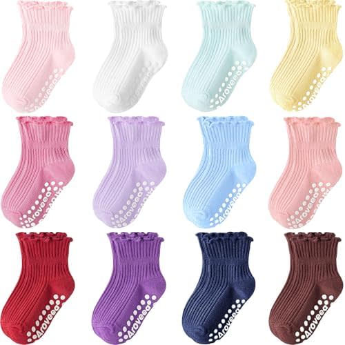 Baby Toddler Girls Socks Grip Ruffle Non Slip Girls Cotton 12 Pack Socks for Kids Cute Ankle 6M-7Years