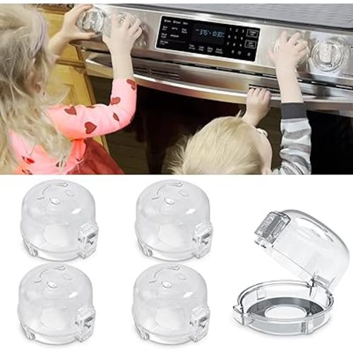 Childproof Stove Knob Safety Covers, Oven Knob Covers for Child Safety 5 Pack, Clear Stove Knob Covers & Gas Stove Locks, Heat-Resistant Adhesive,Double-Key Baby Proof Covers for Gas/Electric Burners