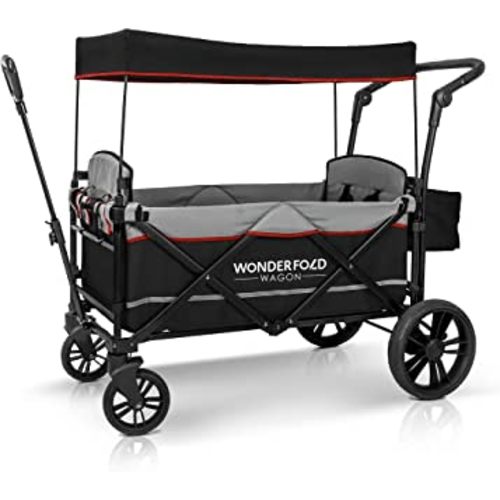 WONDERFOLD X2 Push & Pull Double Stroller Wagon (2 Seater) Featuring 5 Point Harnesses, Adjustable Push Handle, Telescopic Pull Handle, and Removable UV-Protection Canopy, Black