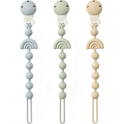 Baby Pacifier Clips One Piece Binky Clip Holder Silicone Teether Clip Pacifier Straps with Clip Baby Teether Toys for Boys and Girls Set of 3 Andy Bear-Ivory+Sage+Baby Blue