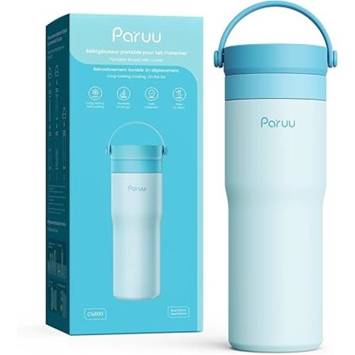 Paruu Portable Breast Milk Cooler, 304 Stainless Steel Breastmilk Chiller for 14–23H Cooling, 10-24oz Breastmilk Storage Container for Travel, Outdoor, New Moms Breastfeeding Essentials, Blue