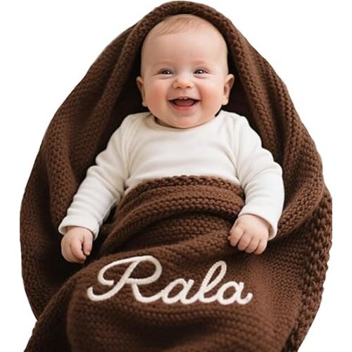 Personalized Embroidered Baby Blanket for Boys/Girls, Cotton Chunky Knit Customized Swaddle with Name, 40 * 30 inches, Handmade Receiving Nursery Blankets, Newborn, Birthday