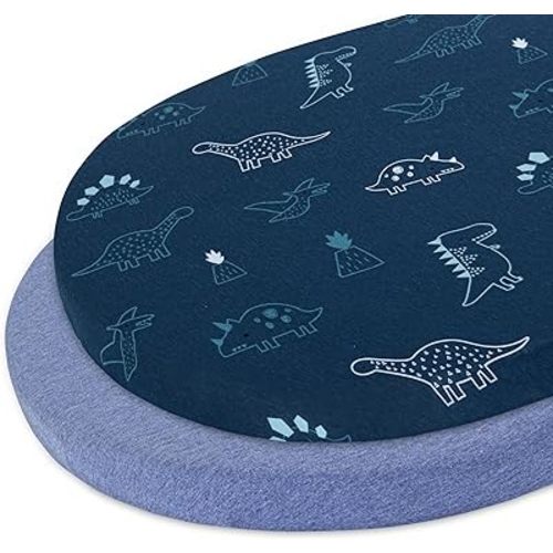 Bassinet Sheets,100% Cotton Knitted Jersey,Soft,Cotton Bassinet Sheets Boy,Girl,2 Pack,Universal Fit for Oval, Hourglass or Rectangle Bassinets (17"x32"x4") | Denim Blue and Dino