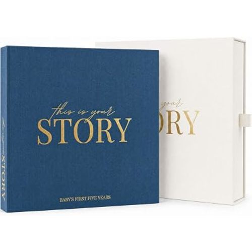 Baby Memory Book from Pregnancy to Age 5, Baby Book Keepsake & Milestone Journal for Boy or Girl, Gender Neutral Scrapbook Album with Stickers & Keepsake Box Dusty Blue