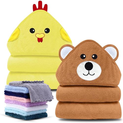 Cute Castle 2 Pack Hooded Baby Towel Rayon Made from Bamboo with 8 Washcloths - Soft Bath Towel for Bathtub for Babie, Newborn, Infant, Natural Baby Stuff Towel (Bear and Chicken)