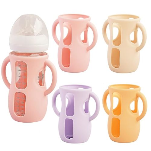 4 Pack Silicone Sleeves for Avent Natural Glass Baby Bottles, Anti Breakage Bottle Holder, Compatible with Philips Avent Glass Natural Baby Bottles (Apricot+Pink+Purple+Orange, 8 OZ)