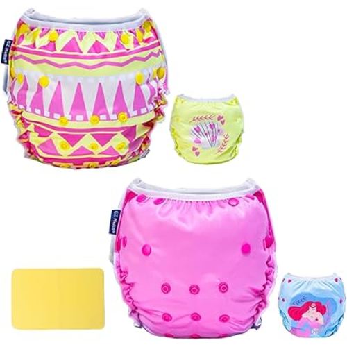 EZ Moms Baby Swim Diapers Reusable 2Pcs Snap One Size Adjustable Washable Newborn Infant Swim Diaper with a Shammy Towel for Baby Girl Water Diaper Waterproof Swimming Diapers for Swimming Lessons