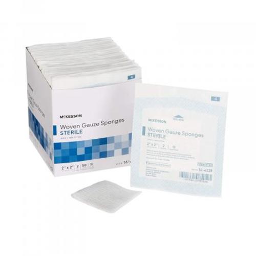 McKesson Woven Gauze Sponge, Cotton, 8-Ply, 2 Inches x 2 Inches, Square, White, Sterile, 2 per Pack, One Box of 100 Sponges, #16-4228