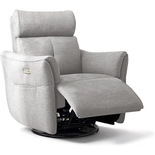 Power Rocking Chair Nursery Glider Recliner with Adjustable Headrest, Dual Motor Chenille Swivel Rocker Recliner Chair with USB Port and Storage Bags, FSC, CertiPUR-US® Certified, Crockery Grey