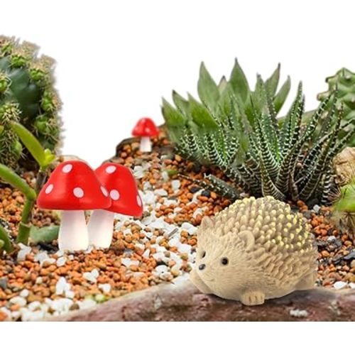 CooBigo 6 Pack Resin Hedgehogs & Wood Mushroom Sculpture, Fairy Wild Garden Supplies, Figurines for Fairy Garden Wild Landscape Pots Handmade DIY Decor Accessories