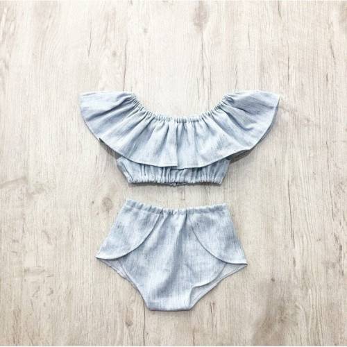 Adorable Light Blue Denim Girls Outfit, Denim Girls Outfits, Off the-Shoulder Top and Bummies, Baby Beach wear, Toddler Outfits, Baby gift