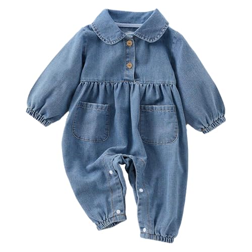 Unisex Newborn Baby Denim Outfit Button Up Shirt with Oversized Lapel Long Sleeve Bubble Romper