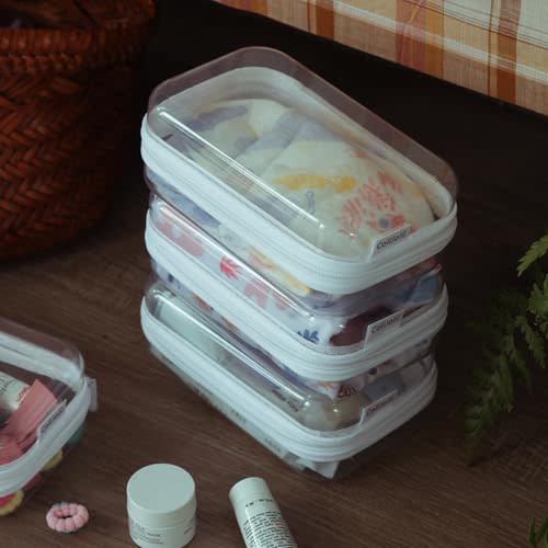 Zippered Pouch Hard, Clear Zippered Hard Pouch, Stackable Storage Bins, Portable Clear Bin Zipper (White, Medium)