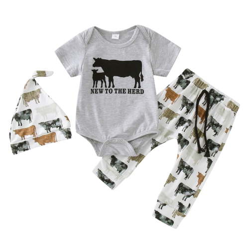 Weebloom Baby Boys Summer Clothes Set Girls Short Sleeve Romper Bodysuit Cartoon Cow Prints Pants Hat for Holiday Beach Outfit Set 0-18 Months