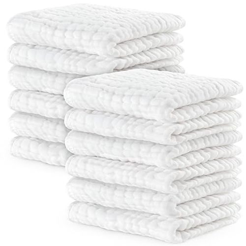 Comfy Cubs Muslin Baby Washcloths 10 Pack - Soft 6-Layer Cotton Wash Cloths for Sensitive Skin - 10"x10" Large, Gentle, Absorbent Infant Essentials for Newborn and Toddlers - White
