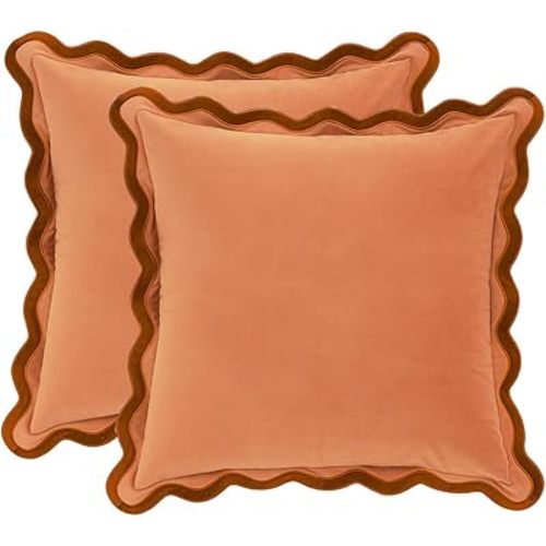 MONDAY MOOSE Decorative Throw Pillow Covers Cushion Cases, Set of 2 Soft Velvet Scalloped Wavy Edge Designs, Mix and Match for Home Decor, Pillow Inserts Not Included (Rust/Coral, 18x18 inch)