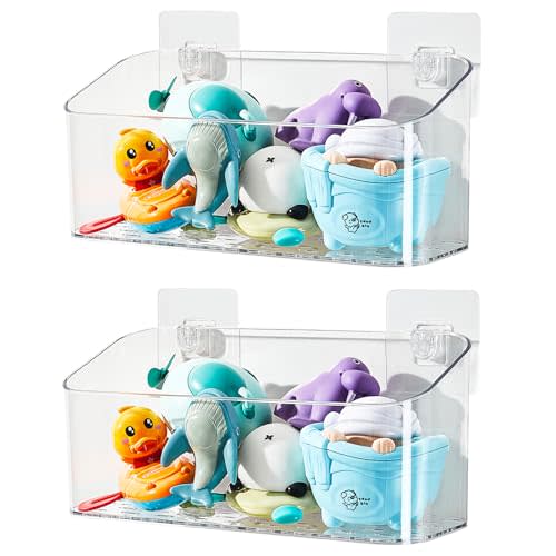 CQUNM Bath Toy Storage Holder, Clear Bath Organizer Wall Mounted, Large Opening Shower Storage Basket for Bathtub (Clear 2 Pack)