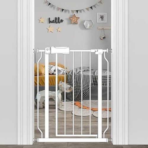 Narrow Baby Gate 24 to 29 Inch Wide Pet Gate Pressure Mounted No Drill Safety Gate Walk Through Metal Child Gate for Kids Stairs or Pets Indoor White