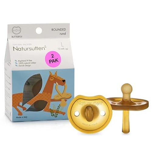 Natursutten 2-Pack Natural Rubber Pacifiers - Safe & Soft BPA-Free Pacifier for Breastfeeding Babies, Made in Italy, Butterfly Shield Round Nipple,12-18 Months