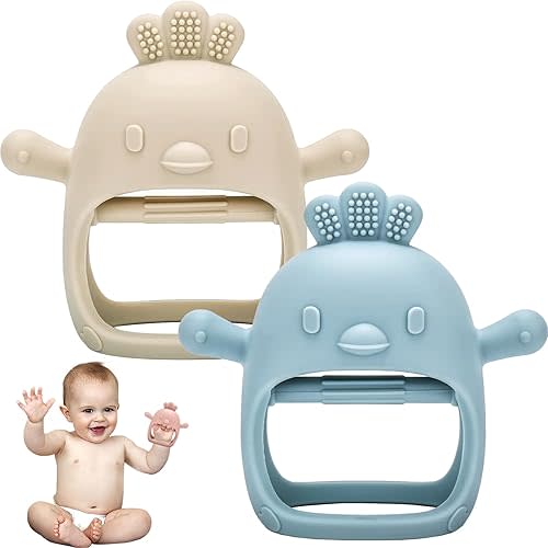 Baby Teething Toys, 2 Pack Teether for Baby, Toddler Infant Newborn Baby Toys, Mitten Glove Teether, Baby Teethers Toys 0-3-6-12 Months, Teething Chew Toys for Babies, Baby Teething Relief Assistant (Beige/Blue)